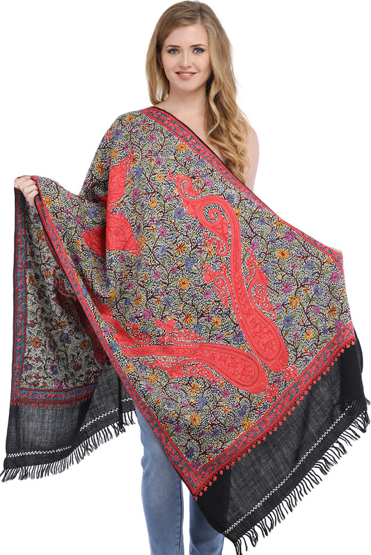 Black Stole from Kashmir with Dense Aari-Hand Embroidered Paisleys