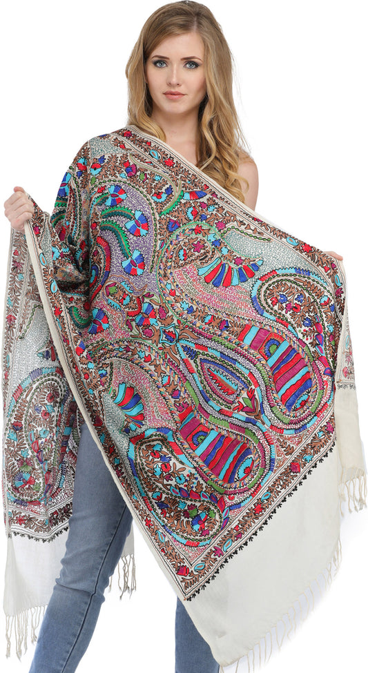 Stole from Amritsar with Aari-Embroidered Giant Paisleys in Multi-color Thread