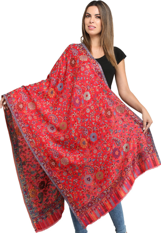 Kani Jamawar Stole with Woven Flowers and Paiselys in Multi-Color Thread