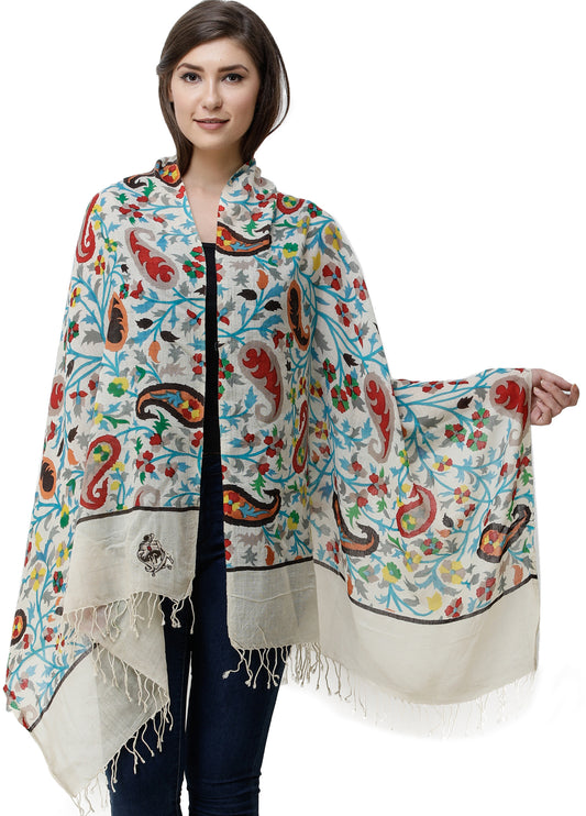 Ivory Stole with Kani Printed Flowers and Embroidered Emblem