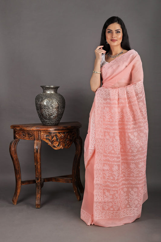 Quartz-Pink Cotton Saree from Lucknow