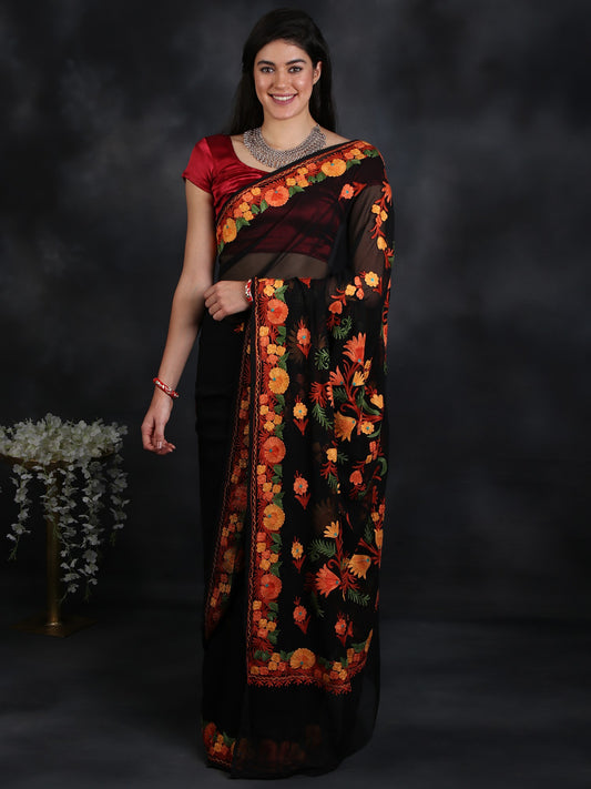 Georgette Kashmiri Sari with Floral Aari-Embroidery