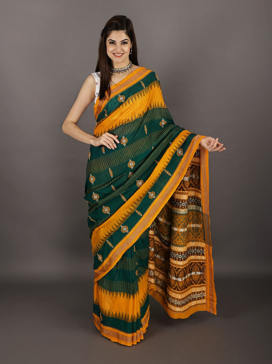 Aventurine Handloom Saree from Sambalpur with Ikat Weave