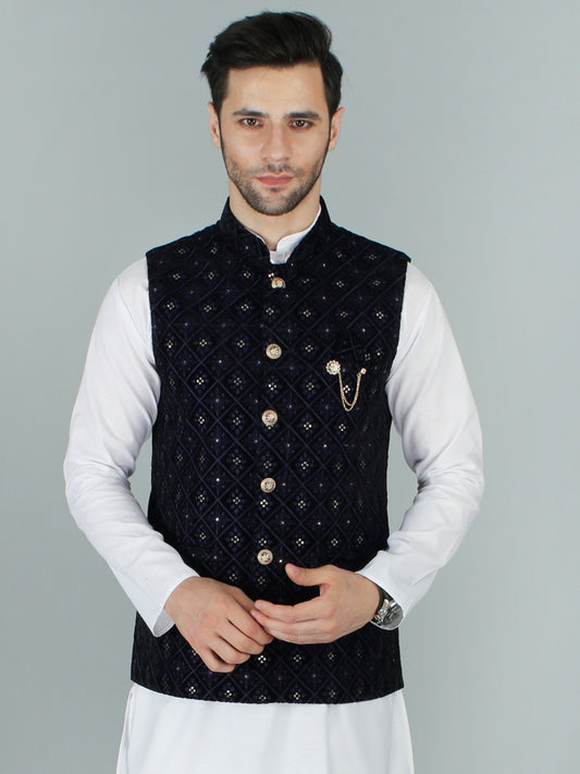 Naval-Academy Soft Velvet Nehru Jacket Waist Coat With Sequin And Lucknowi Embroidery