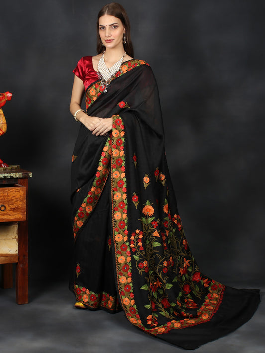 Black-Beauty Georgette Kashmiri Sari with Kashida Embroidery