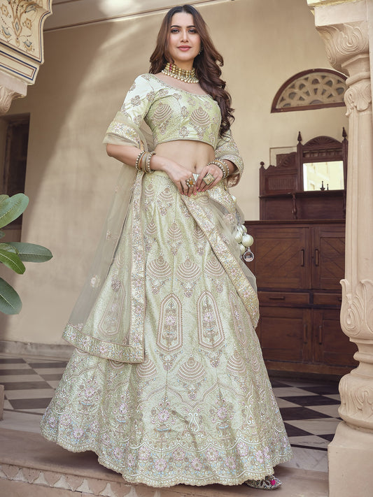 Pista-Green Crepe Lehenga Choli With All Over Colourful Thread embroidery And Sheer Dupatta
