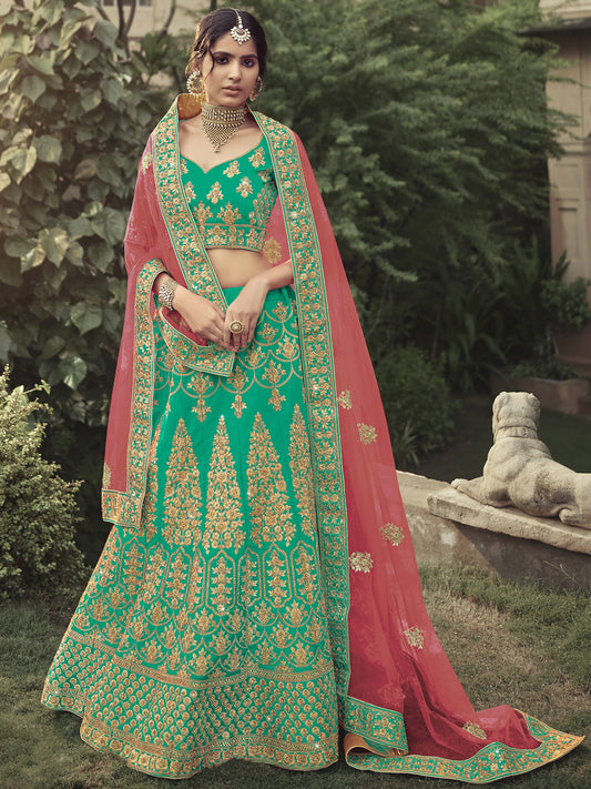 Satin Bridal Lehenga Choli With All-Over Glitter Dori, Stone, Thread Work And Soft Net Dupatta