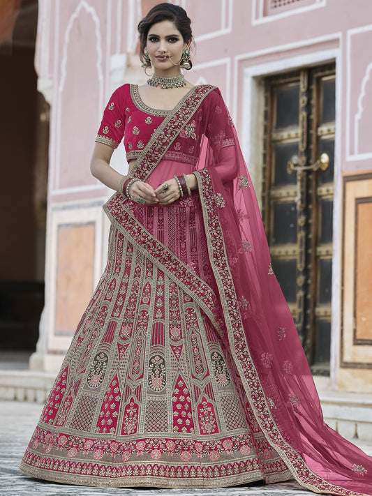 Pink Bridal Velvet A-Line Style Peacock Motif Lehenga Choli All Over Embellished Thread, Zari, Dori Embroidery And Soft Net Dupatta