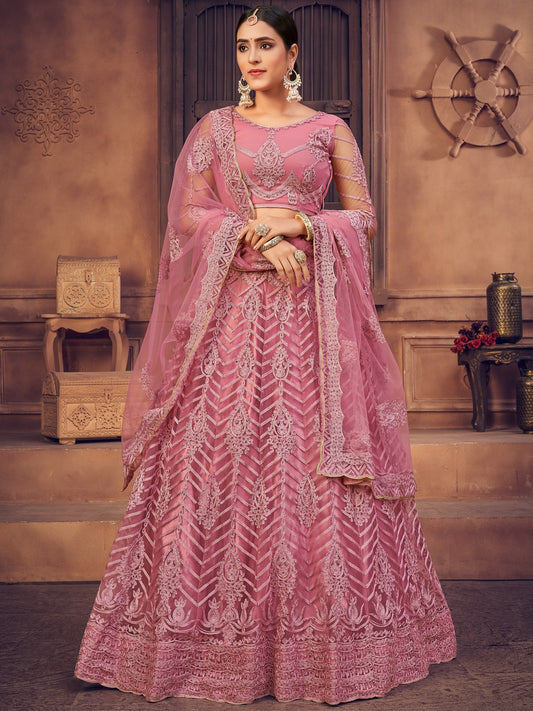 Dusty-Pink Net Lehenga Choli With Chevron-Mughal Pattern Thread-Pearl Work And Dupatta