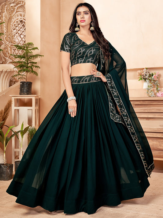 Faux Georgette Pleated Style Lehenga Choli With Sequins Embroidery And Matching Net Dupatta
