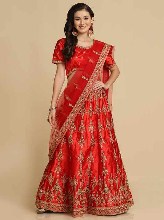 Red Taffeta Silk Floral Laddi Pattern Lehenga Choli With Thread Embroidery And Net Dupatta