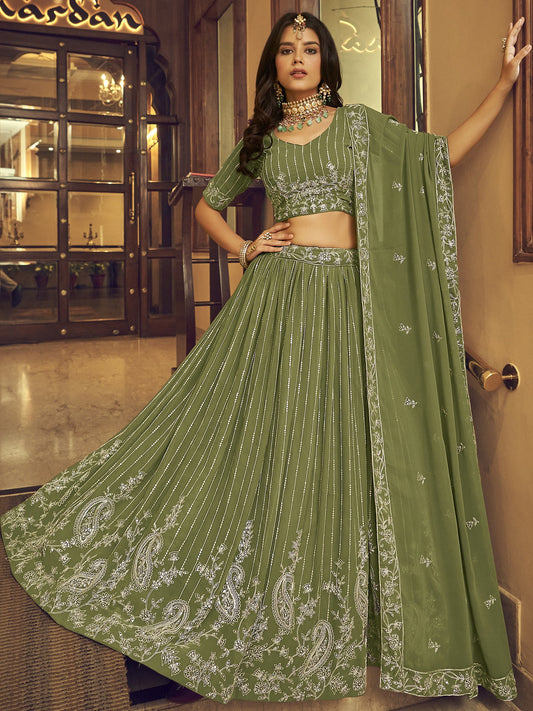 Faux Georgette Stripes-Paisley Pattern Lehenga Choli With Viscos Thread-Sequins Embroidery And Matching Dupatta