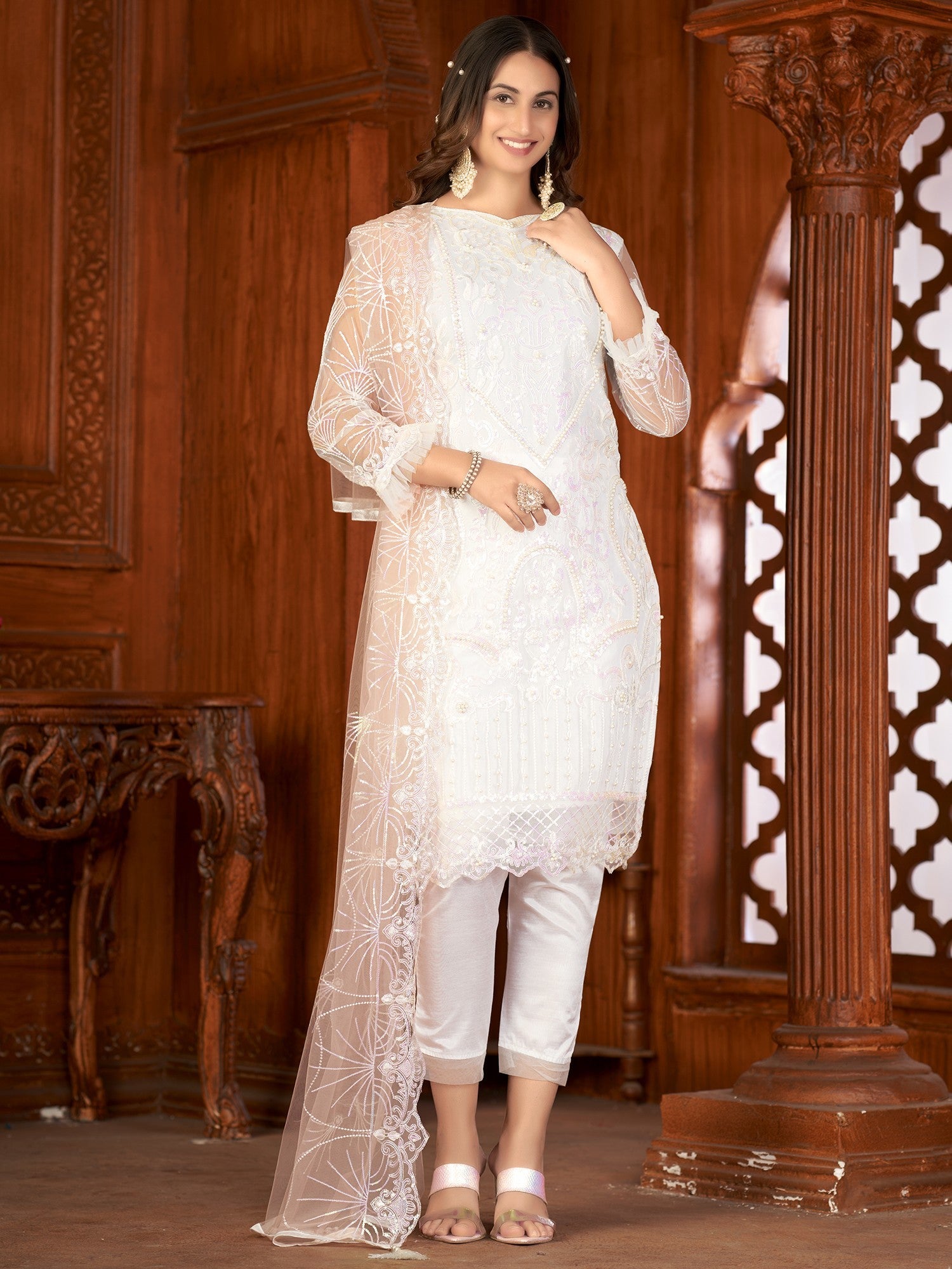 Net Lawn Style Salwar Suit With Thread-Sequins Floral Embroidery And Scalloped Pattern Net Dupatta