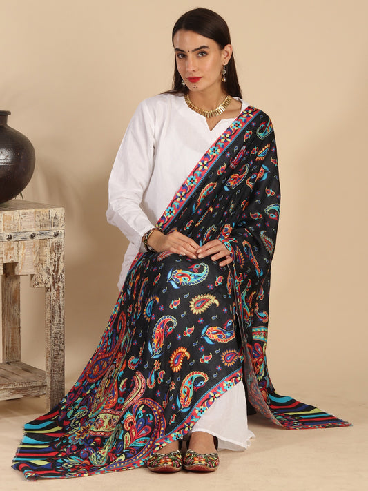 Black Silk Wool Kalamkari Kani Multicolor Paisley Digital Print Stole With Manual Embroidery