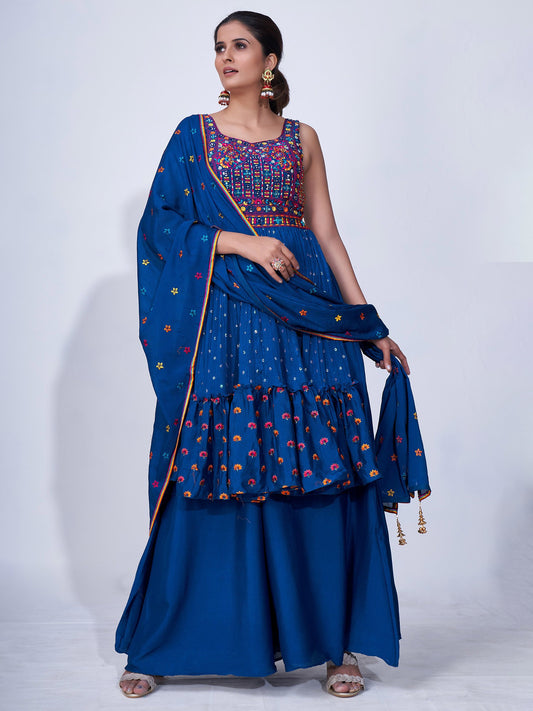 Navy-Blue Chiffon Floral Pattern Thread-Mirror Embroidered Ruffle Style Palazzo Salwar Suit With Latkan Border Dupatta