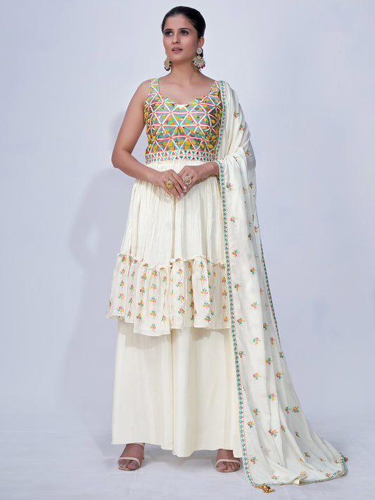 Off-White Chiffon Floral Motif Sequins, Thread, Beads Embroidered Suit And Dupatta With Palazzo Salwar
