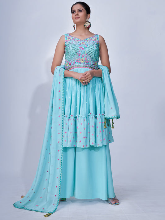 Aqua Chiffon Meena Phool Pattern Palazzo Salwar Suit With Thread, Beads, Mirror Embroidery And Dupatta