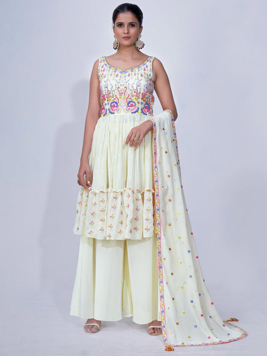 Off-White Chiffon Designer Palazzo Suit With Floral Thread, Beads, Mirror Embroidery With Latkan Dupatta