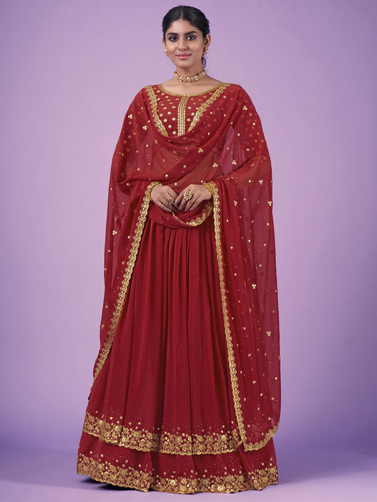 Red Georgette Zari-Sequins Embroidered Lehenga Choli With Scalloped Dupatta