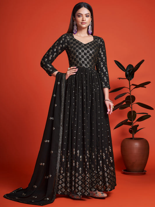 Georgette Anarkali Style Pencil Stripes Pattern Gown With Thread-Sequins Embroidery And Designer Dupatta