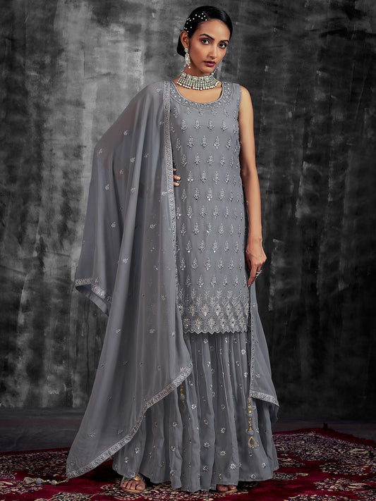 Georgette Floral Mirror, Zarkan, Zari, Thread Embroidered Palazzo Salwar Suit With Latkan Dupatta
