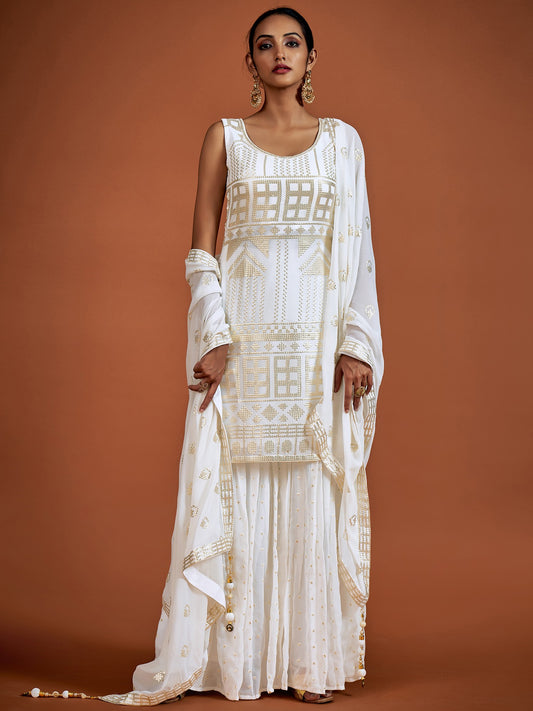 Georgette All-Over Sequins Work White Sharara Suit And Latkan Dupatta
