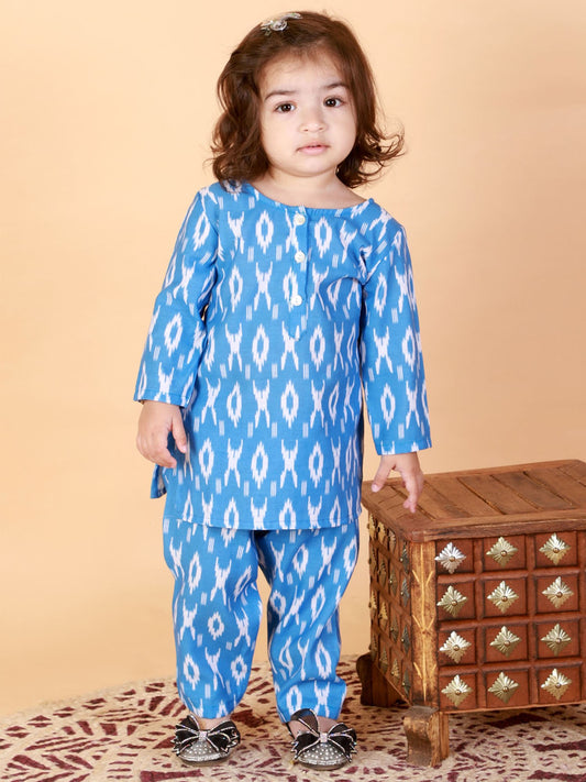 Aqua-Blue Linen Cotton Ikat Pattern Kurta With Straight Pant Set