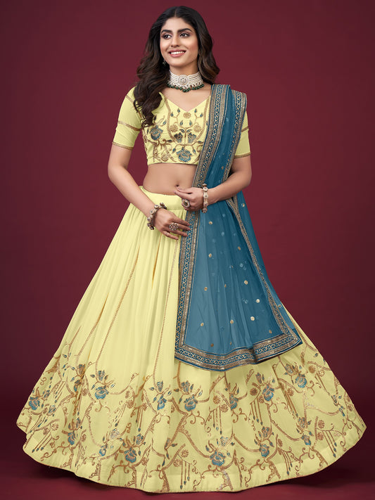 Yellow Faux Georgette Lehenga Choli With Zari, Thread, Sequins Embroidery And Butterfly Net Morpich-Blue Dupatta