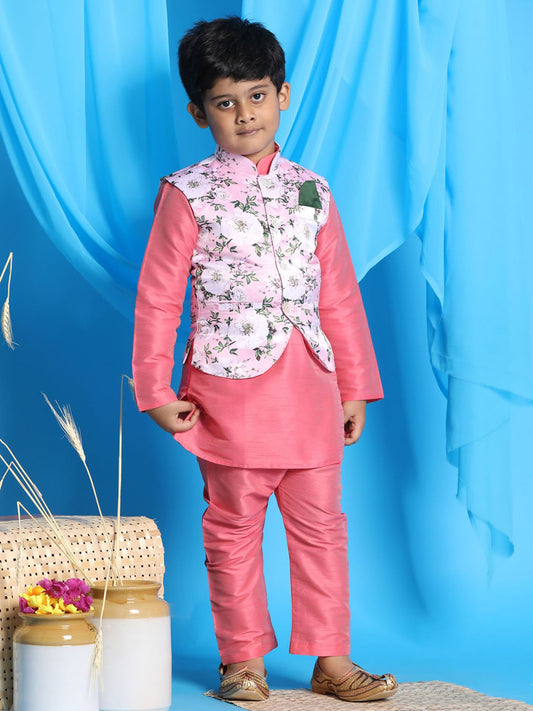 Silk Blend Pink Kurta Pajama And Floral Printed Modi Jacket